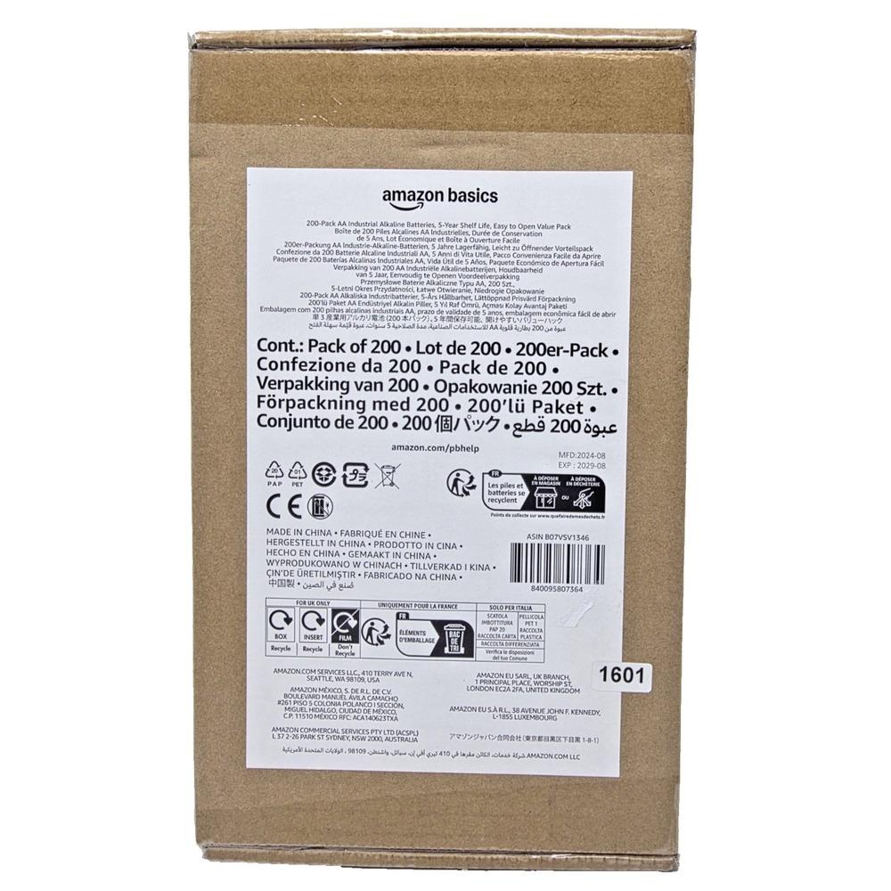 Amazon Basics AA Industrial Alkaline Batteries 200 Pack 5 Year Shelf Life Sealed